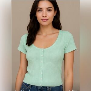 Elodie Light Green Ribbed Button-Down Shirt